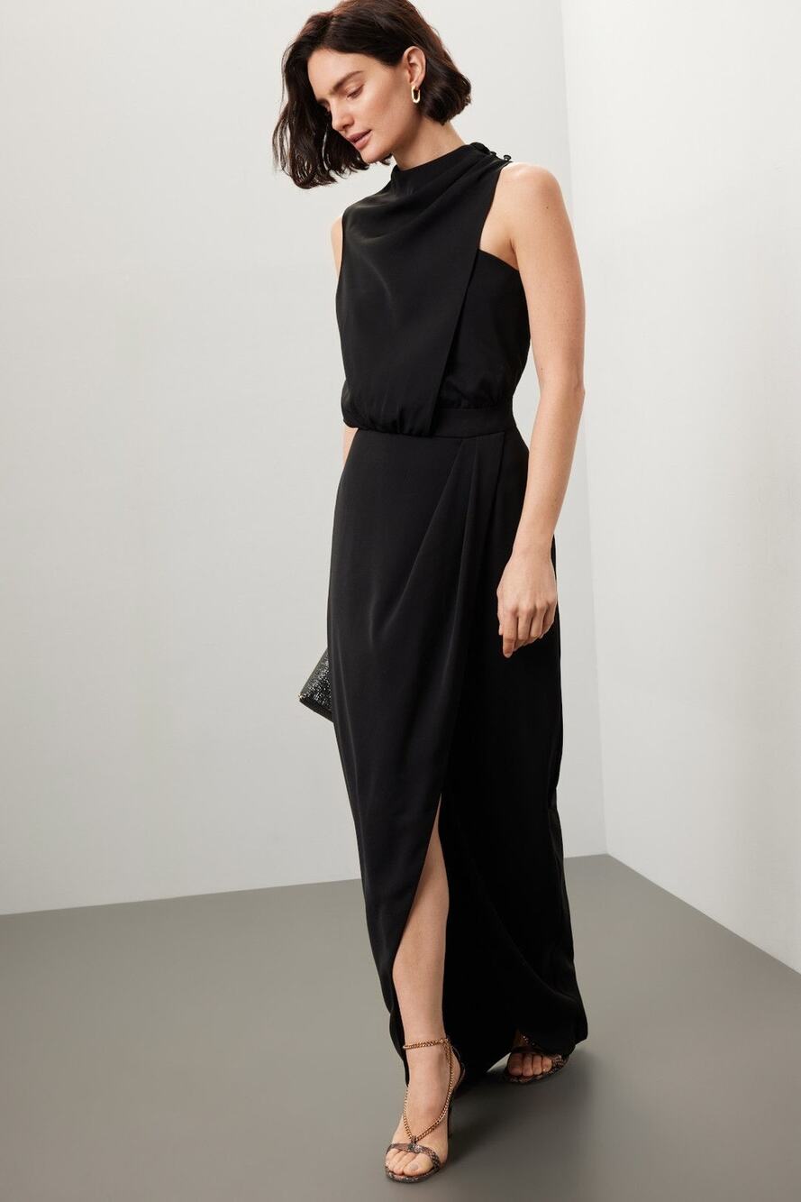 Black Halo EVE Sz 6 Floella Black High Neck Draped Slit Formal Evening Gown